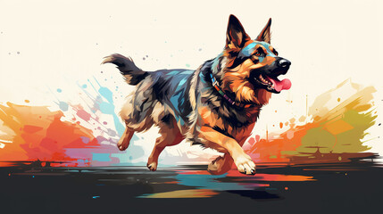 Adorable german shepherd dog running illustration vector in abstract mixed grunge colors digital painting in minimal colorful graphic art style. Digital illustration generative AI. - obrazy, fototapety, plakaty