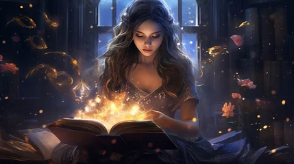 Muurstickers A girl reads a magic book and fantasizes. Generation AI © MiaStendal