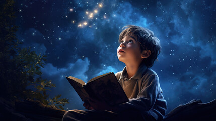 A little boy reads a book against the background of the starry sky. Generation AI © MiaStendal