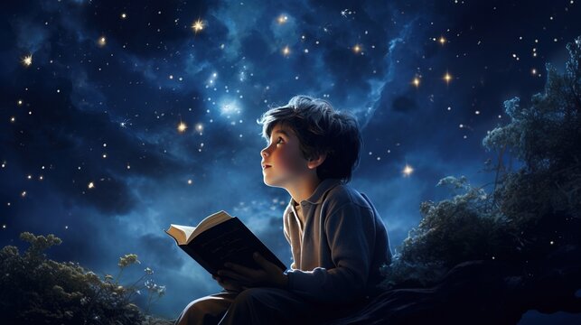 A little boy reads a book against the background of the starry sky. Generation AI
