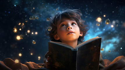 A little boy reads a book against the background of the starry sky. Generation AI © MiaStendal