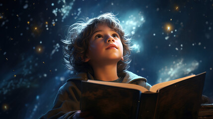 A little boy reads a book against the background of the starry sky. Generation AI © MiaStendal