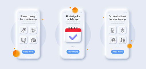 Obraz premium Warning, Star and Launch project line icons pack. 3d phone mockups with calendar. Glass smartphone screen. Heart, Megaphone, Buy car web icon. Swipe up, Smartphone broken pictogram. Vector
