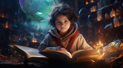 A little boy reads a book against the background of the starry sky. Generation AI