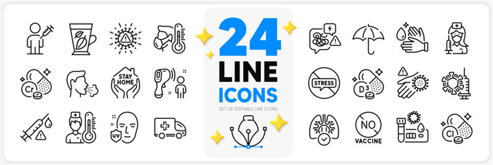 Icons set of Cholecalciferol, Vaccination and Ambulance emergency line icons pack for app with People vaccination, No vaccine, Wash hands thin outline icon. Coronavirus, Stay home. Vector
