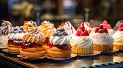 Small cakes on display at the patisserie counter.