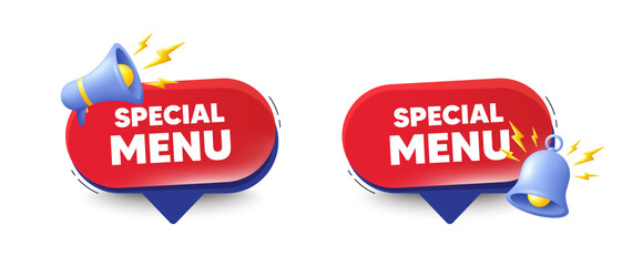 Special menu tag. Speech bubbles with 3d bell, megaphone. Kitchen food offer. Restaurant menu. Special menu chat speech message. Red offer talk box. Vector