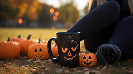 Autumn mug with pumpkins for Halloween. Generation AI