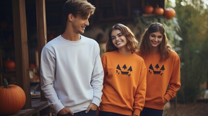 Teenagers and autumn decorations with pumpkins for Halloween. Generation AI