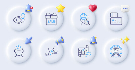 Card, Metro subway and Eye drops line icons. Buttons with 3d bell, chat speech, cursor. Pack of Inspect, Destination flag, Stress icon. Talk, Sale offer pictogram. For web app, printing. Vector