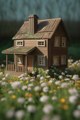 Fototapeta na wymiar Model of a wooden house standing on the field with blossoming windflower with Generative AI technology