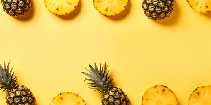 Beautifully placed pineapple on a yellow background.
