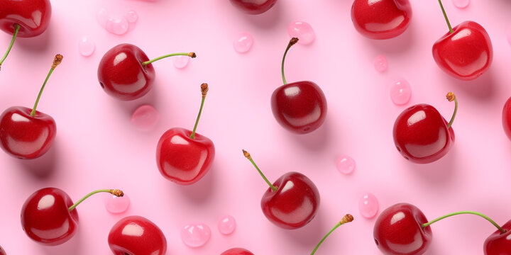 Beautifully placed cherries on a pink background
