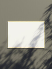 Blank frame mockup hanging on the wall with leaf shadow