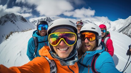 Fototapeta na wymiar A cheerful group of snowboarders in the mountains, skiing on the slopes of the mountains. Generation AI