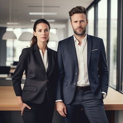 Fototapeta premium Portrait of two business people standing in an office