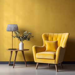 Tufted armchair and coffee table with lamp near yellow wall. Interior design of modern living room 5