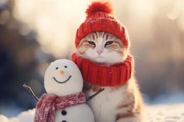 A cute ginger and white cat in a red knitted hat and scarf sits near snowman. Snowy warm cottagecore winter background. Concept of pets family members. - Powered by Adobe
