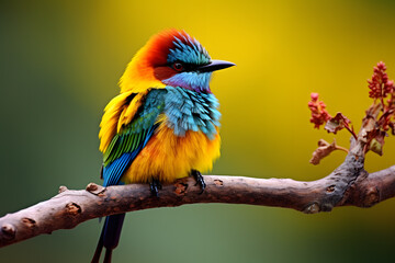 Obraz premium Colorful bird perched on red tree branch, showcasing beauty of wildlife in nature.