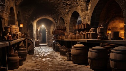 An ancient cellar with barrels of wine. Generation AI - obrazy, fototapety, plakaty
