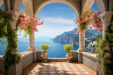 Obraz na płótnie Canvas Stunning coastal view with colorful arches, flowers, and blue sky. Generative AI