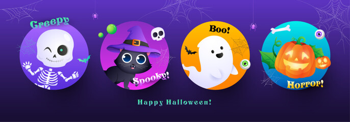 Halloween banner with halloween characters in colorful circle on purple background. Halloween background and banner template. Vector illustration.