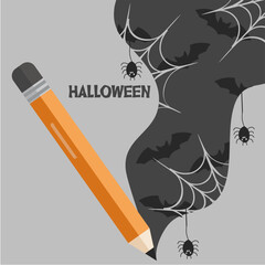 Halloween Illustration with Pencil and Background Spider,Bat,Web