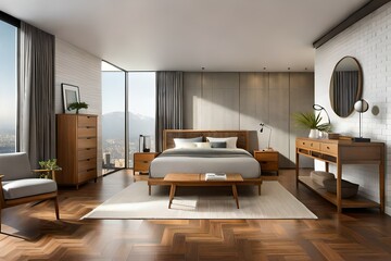 Naklejka na ściany i meble a bedroom with wooden furniture Generated Ai