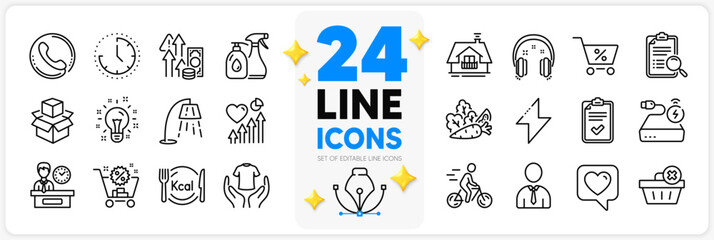 Icons set of Balcony, Vegetables and Packing boxes line icons pack for app with Shopping cart, Checklist, Energy thin outline icon. Inflation, Special offer, Power bank pictogram. Vector