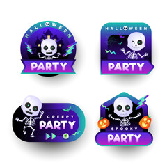 Halloween party label collection with funny skeleton and pumpkin illustration. Halloween cute sticker set template. Vector illustration.