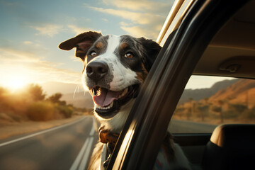 Adorable cute fluffy dog looking from car window riding fast enjoying summer vacation trip generated AI photo
