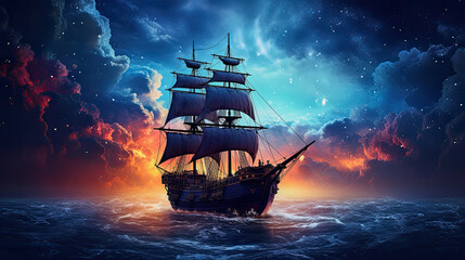 Fototapeta premium pirate ship in front of a cloudy galactic sky, moody lighting