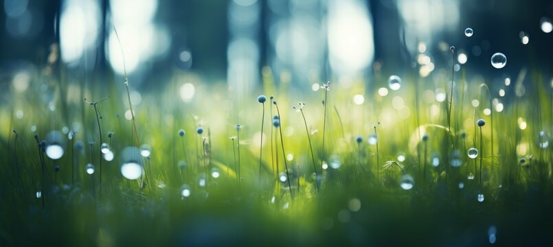 Closeup dew on green forest grass leaves. Generative AI technology.