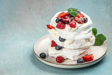 Pavlova cake with whipped mascarpone cream and fresh strawberry, Restaurant menu, dieting, cookbook recipe top view