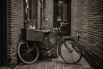 a parked bicycle against a brick wall with front and back baskets. Generative AI
