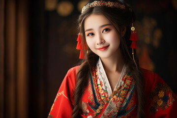 Fototapeta premium Portrait of beautiful japanese woman in traditional costume clothes generative AI technology tools