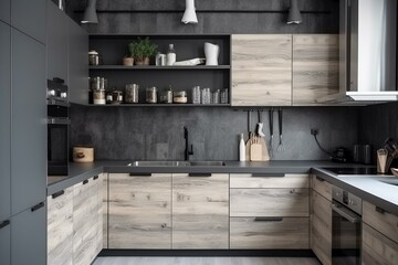 close-up of a wooden and gray kitchen with cupboards. Generative AI - obrazy, fototapety, plakaty