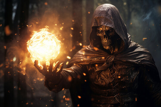 Generative ai collage picture of powerful demon in death eater character costume using dark magic fire spell