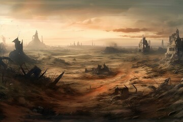 Illustration depicting a ruined landscape in an apocalyptic scenario. Generative AI
