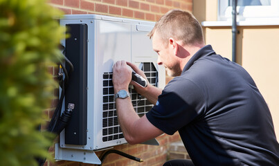 An air source heat pump heating unit installed on the outside of a house by an engineer