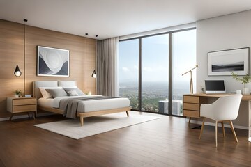 Naklejka na ściany i meble a bedroom with wooden furniture Generated Ai