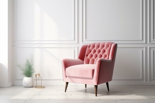 A pink armchair in a modern room with a white wall background. Generative AI