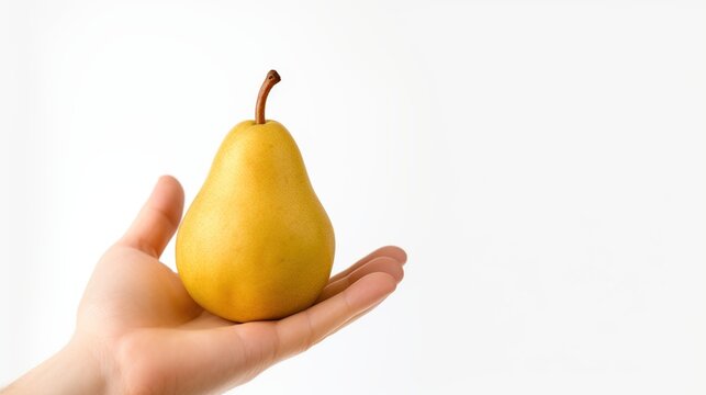 Hand holding pear fruit isolated white background. AI generated