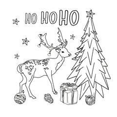Christmas colouring pages from Christmas elements, animals and other decorations. New Year's colouring. For child colouring book, tattoo design, printing, package, card, designer, clothes, icon