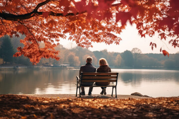 Couple enjoying Leaf Peeping fall foliage in the park in autumn