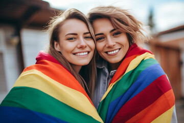 AI generated photography of sweet hugging couple on lgbt pride with rainbow colorful flag