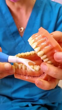 Dentist using dental floss to clean mouth of model. Dental hygiene explained, tutorial for teeth cleaning with a brush and dental floss. Dentist and healthy teeth, doctor and mouth health. Teeth.
