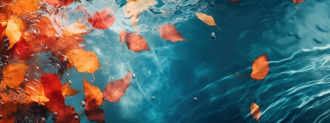 Fototapeta premium Autumn natural background, web banner. Top view of autumn bright yellow orange red fallen maple leaves in blue water. Autumn mood atmosphere nature background