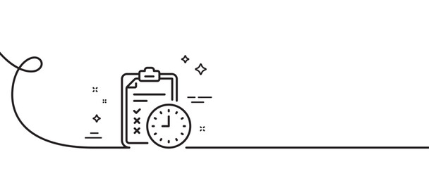 Obraz premium Exam time line icon. Continuous one line with curl. Checklist sign. Exam time single outline ribbon. Loop curve pattern. Vector