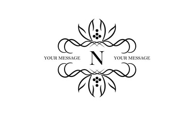 Logo with simple initial letter N isolated on white background and ornament around the letter. There is space for text. Can be used for business and corporate signs, emblems.
